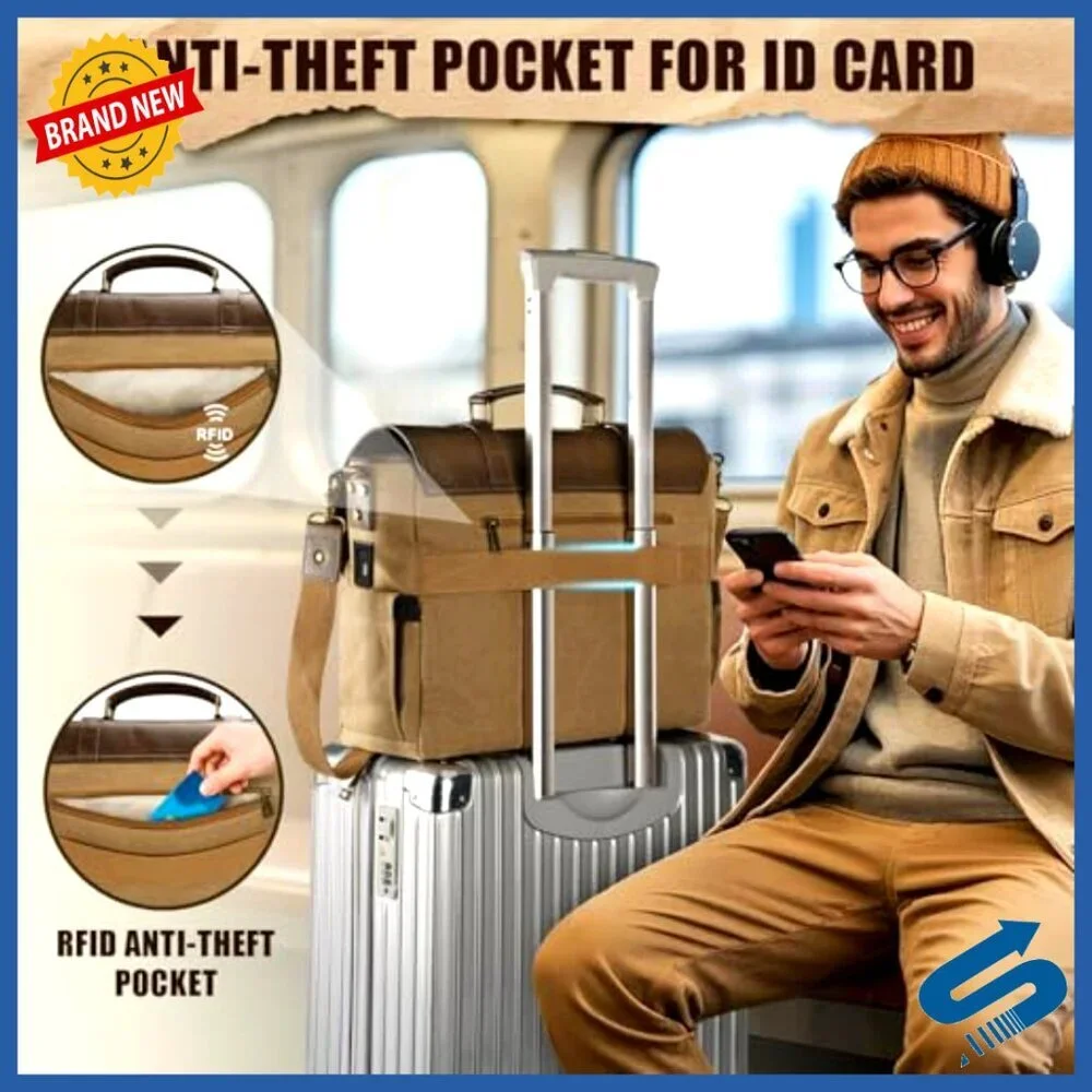 Vintage Messenger Bag with USB Charging Port RFID Blocking Water Resistant